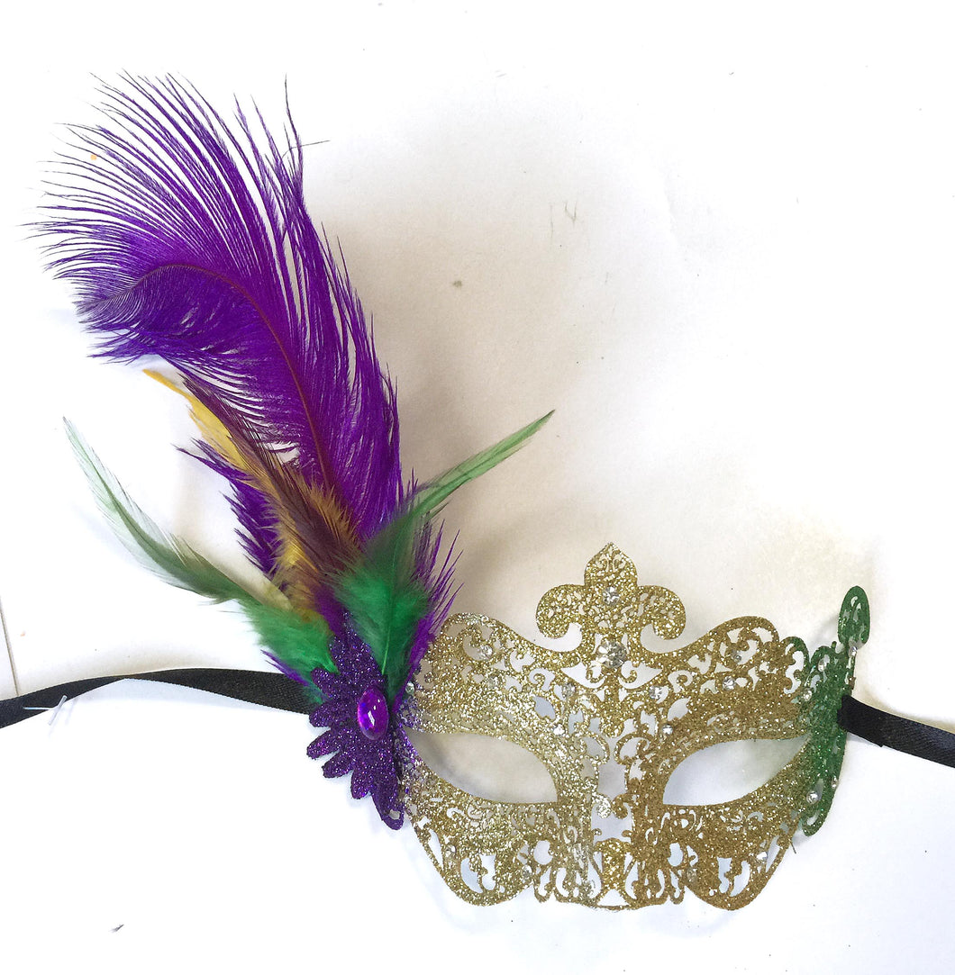 Metal Laser Cut Mask with Center Fleur de Lis and Side Feathers