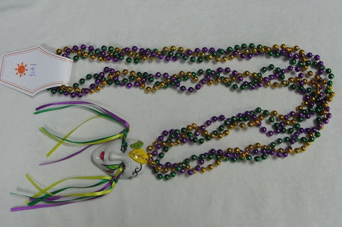 Full Face Masquerade Face with Ribbons on a Braided Purple Green Gold Specialty Beads