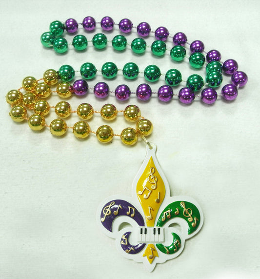 Notes de musique Fleur de Lys sur perles fantaisie violettes, vertes et dorées