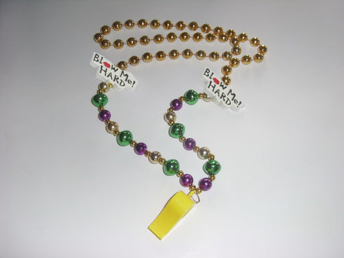 Whistle “Blow Me Hard” Medallions on a Purple Green Gold Specialty Beads