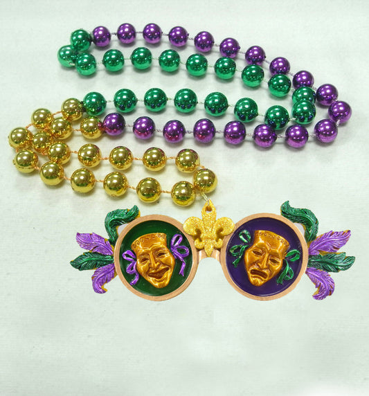 Gafas de sol de comedia y tragedia con purpurina en cuentas especiales de color morado, verde y dorado