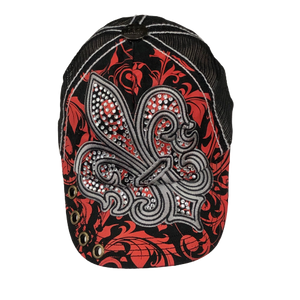 Adult Rhinestone Fleur de Lis Cap With Scroll Print - Available in Gray, Red and Maroon