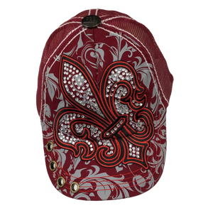 Adult Rhinestone Fleur de Lis Cap With Scroll Print - Available in Gray, Red and Maroon