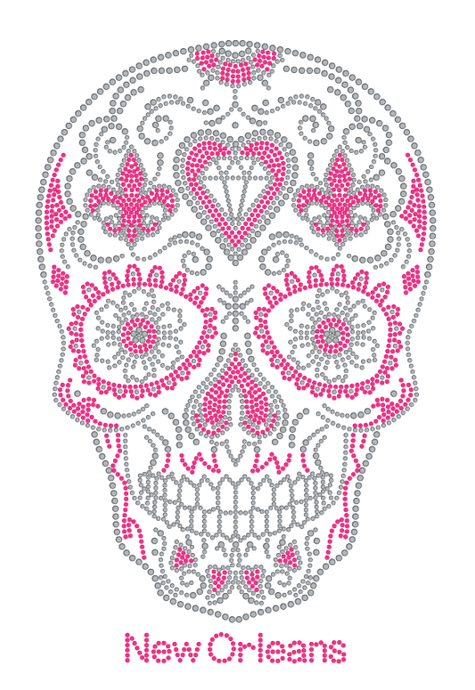 Pink and Silver Sugar Skull with Fleur de Lis's Rhinestone Tshirt