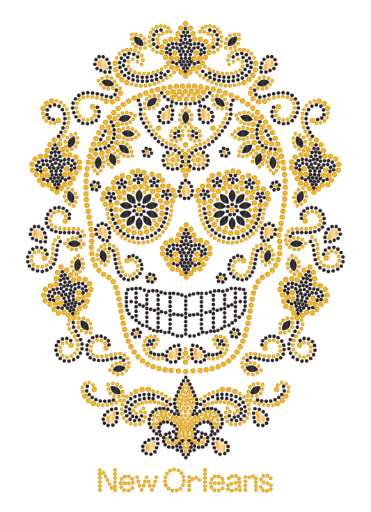 T-shirt Crâne de Sucre Noir et Or avec Strass Fleur de Lys