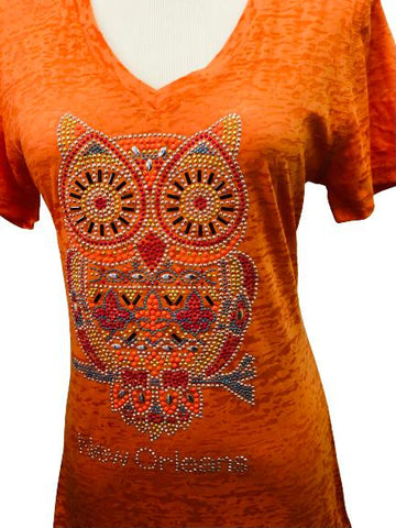 Camiseta con diseño de búho de diamantes de imitación y efecto quemado en color naranja