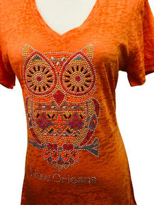 Rhinestone Owl Orange Burnout T-Shirt