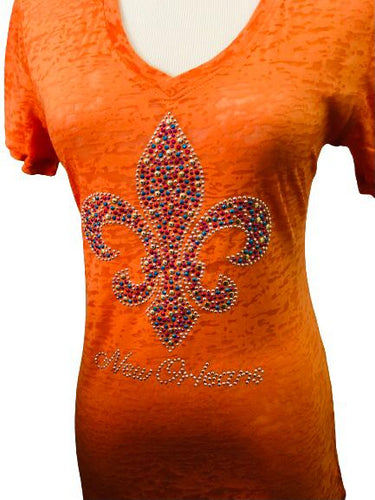Rhinestone Fleur de Lis Orange Burnout T-Shirt