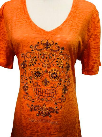 Camiseta semitransparente con diseño de calavera de azúcar en negro y dorado con pedrería