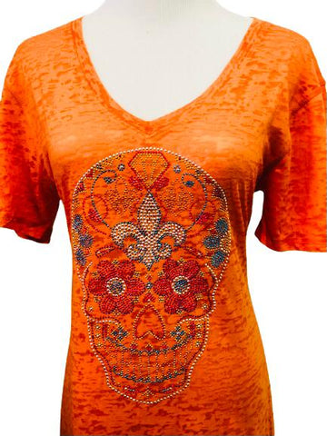 Camiseta Naranja Desgastada con Calavera de Azúcar y Pedrería