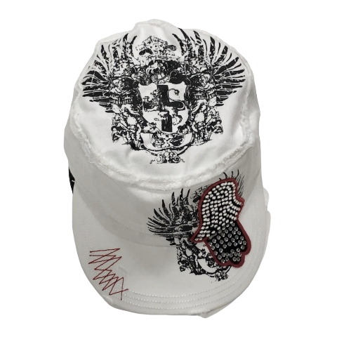 Adult White Military Style Cap with a Sequined Hamsa Symbol