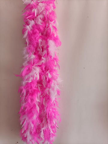 Boas en plumes bicolores rose fluo et blanches avec feuille assortie