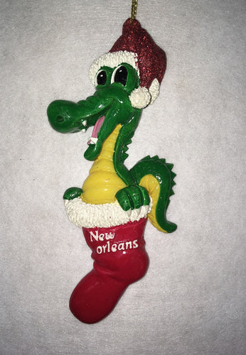 Cheerful Alligator in a Christmas Stocking Ornament