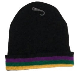 Black Mardi Gras Rugby Beanie with Purple Green and Gold Stripes