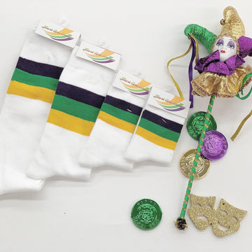 Chaussettes blanches à rayures violettes, vertes et dorées (bébés, enfants et adultes)