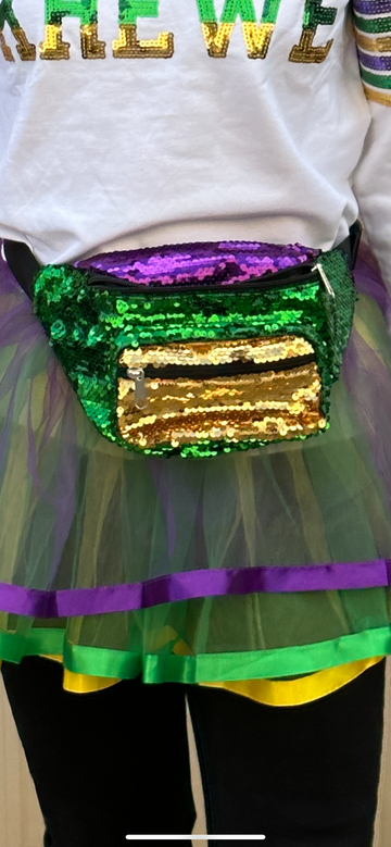 Sac banane à sequins color block violet, vert et doré