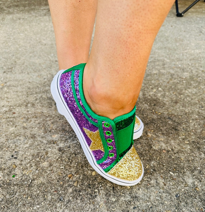 Purple, Green, and Gold Glitter Star Slip On Sneakers