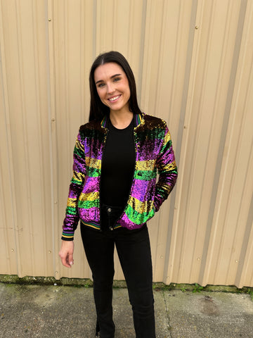 Veste à Paillettes Adulte Rayée Violette, Verte et Dorée