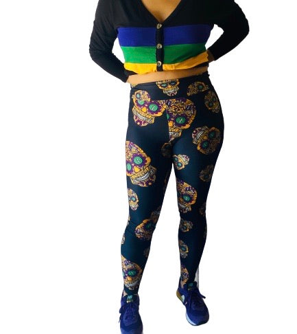 Adult Mardi Gras Purple, Green, Gold Sugar Skull Leggings