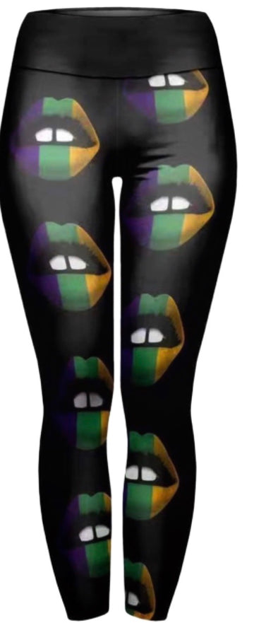 Adult Mardi Gras Purple, Green, Gold Lips Leggings