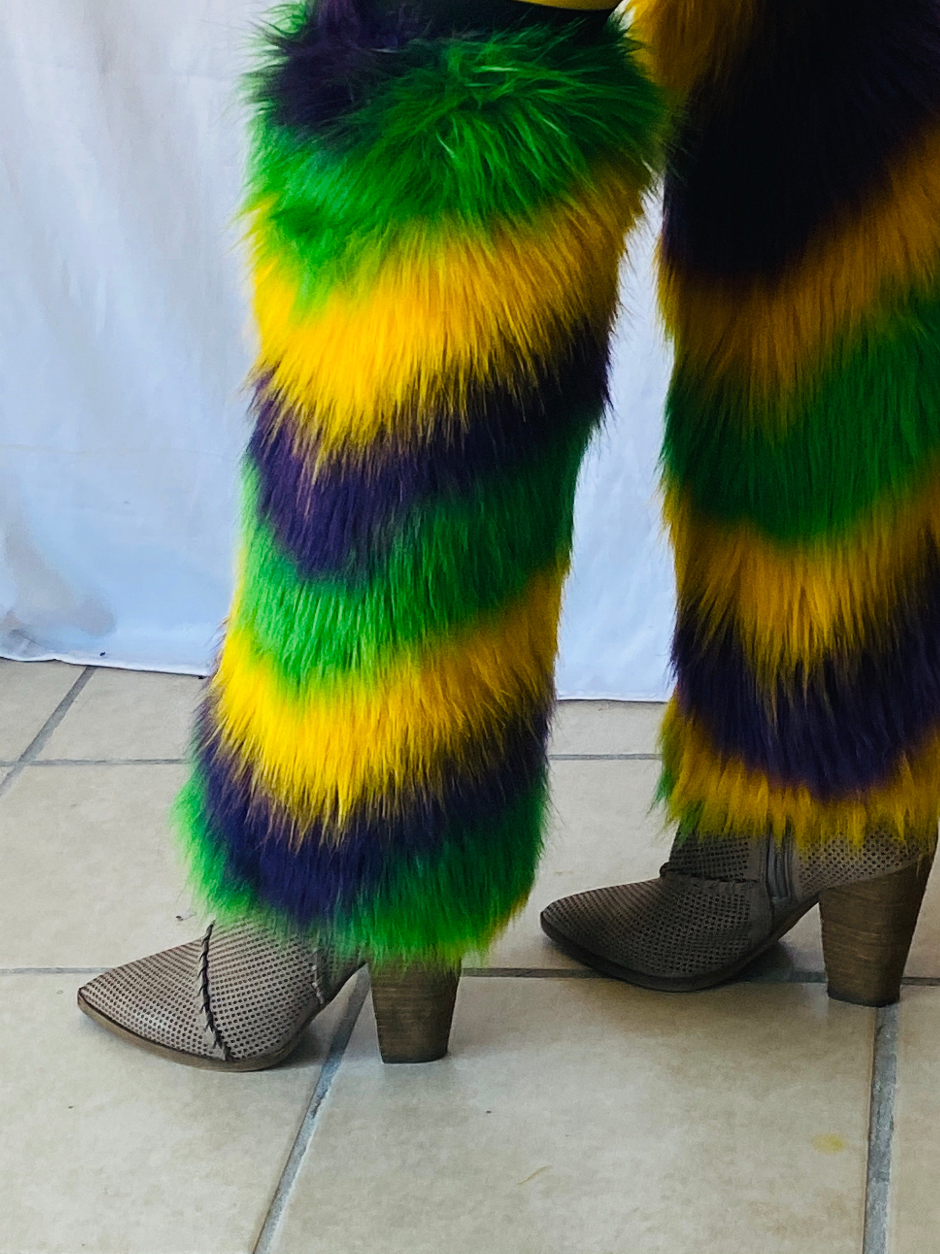 Fuzzy Leg Warmers with Multi Purple Green Gold Stripes – Mardi