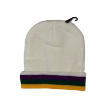 Mardi Gras White Beanie with Purple Green and Gold Stripes