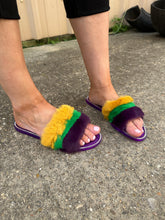 Purple, Green, and Gold Fur Slip On Sandals