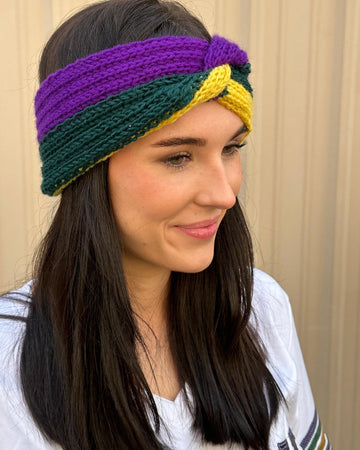 Diadema de punto morada, verde y dorada