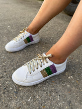 White with Purple, Green, and Gold Glitter Stripe Lace Up Sneakers