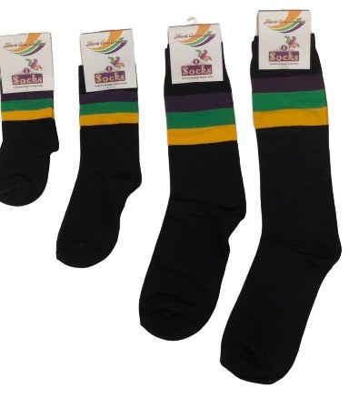 Calcetines Negros con Rayas Púrpura, Verde y Oro (Bebés, Niños y Adultos)