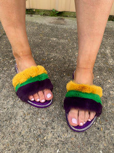 Purple, Green, and Gold Fur Slip On Sandals