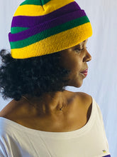 Mardi Gras Rugby Beanie with Purple Green and Gold Stripes
