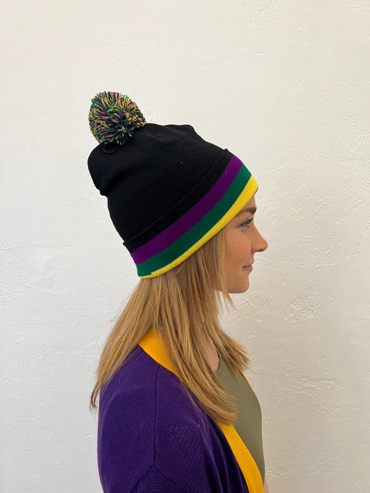 Beanie with Pom Pom - Black Stripe