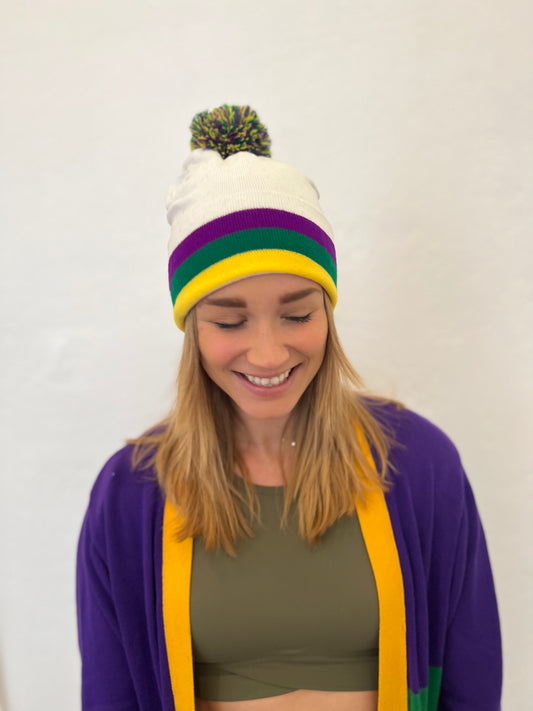 Beanie with Pom Pom - White Stripe