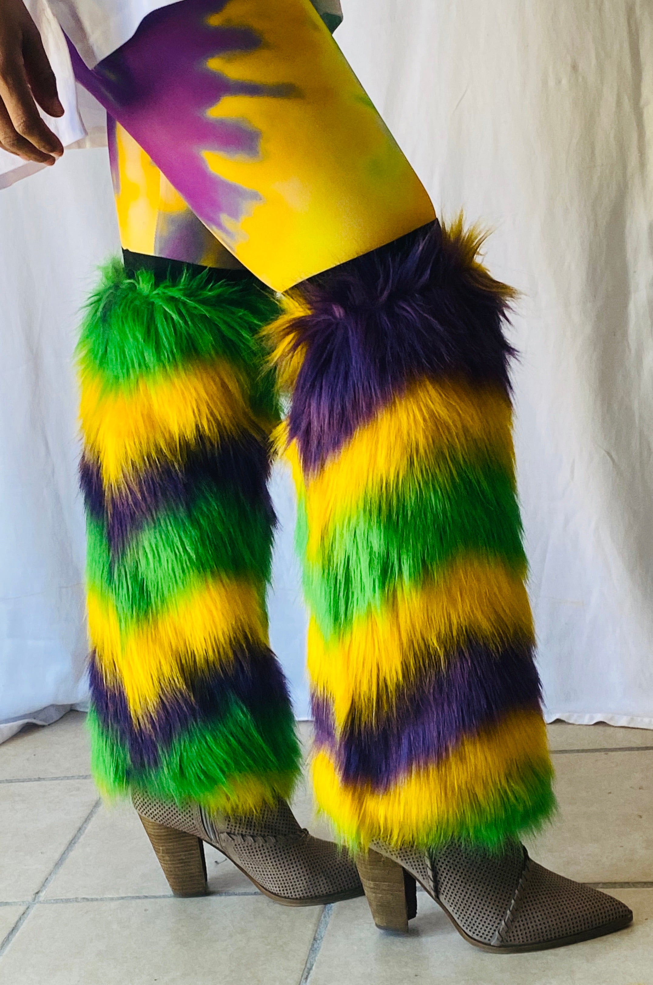 Fuzzy Leg Warmers with Multi Purple Green Gold Stripes – Mardi