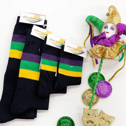 Calcetines Negros con Rayas Púrpura, Verde y Oro (Bebés, Niños y Adultos)