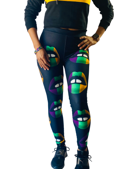 Adult Mardi Gras Purple, Green, Gold Lips Leggings