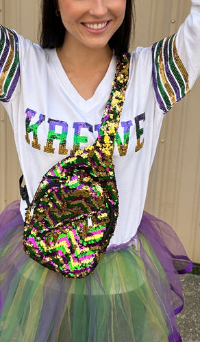 Chevron Crossbody Sequin Purple, Green, and Gold Backpack