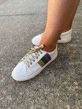 White with Purple, Green, and Gold Glitter Stripe Lace Up Sneakers