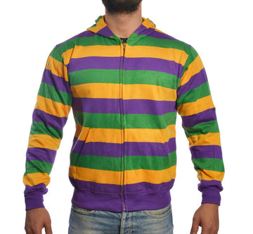 Sudadera con Capucha y Cremallera a Rayas Morado Verde Dorado Estampado Completo