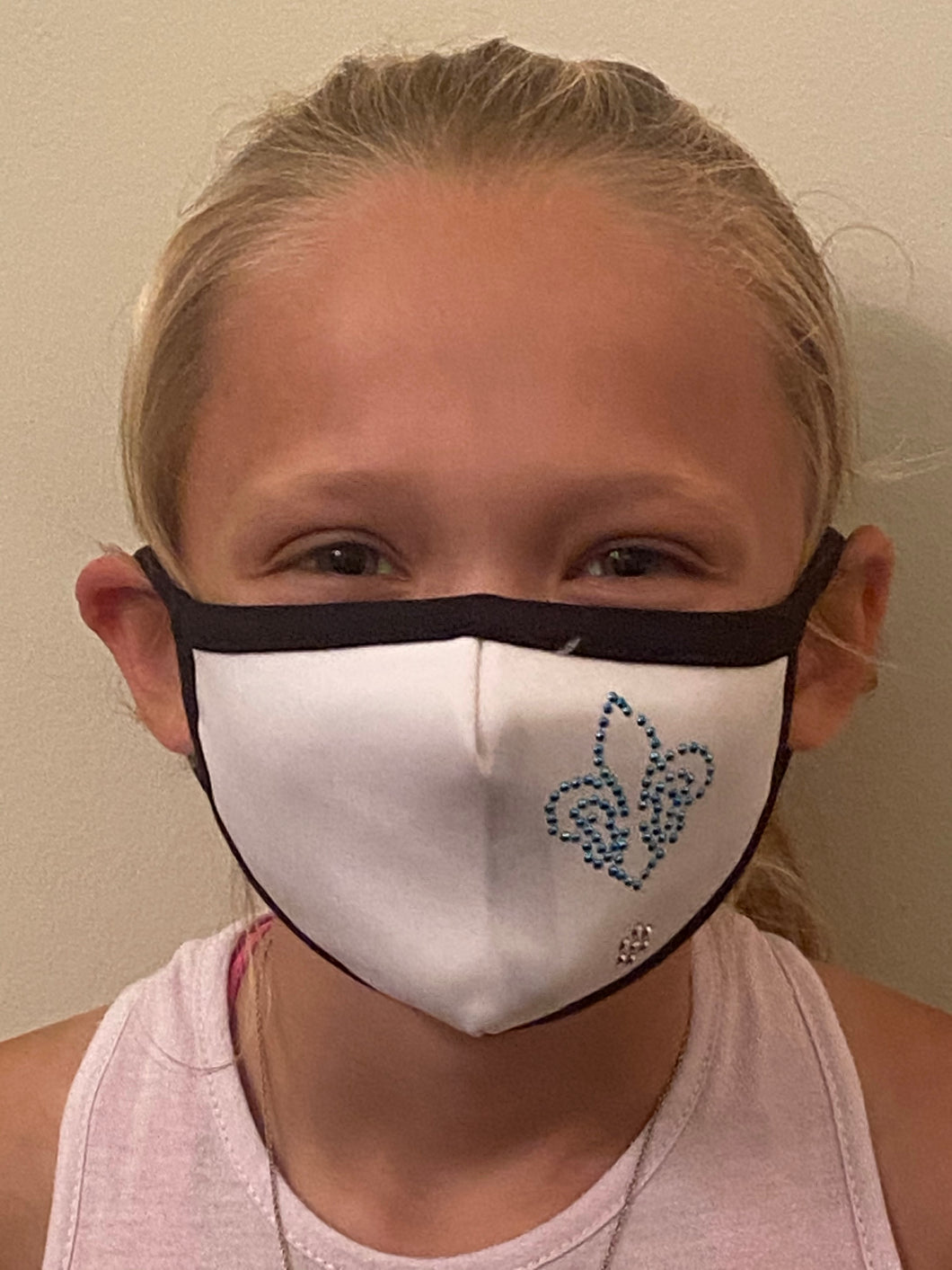 White with Blue Rhinestone Fleur de Lis Kids Face Mask